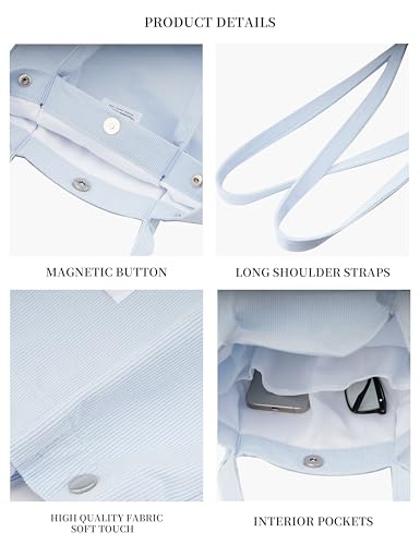 TOPASION Corduroy Tote Bag for Women - Mist Blue Shoulder Bag with Pocket