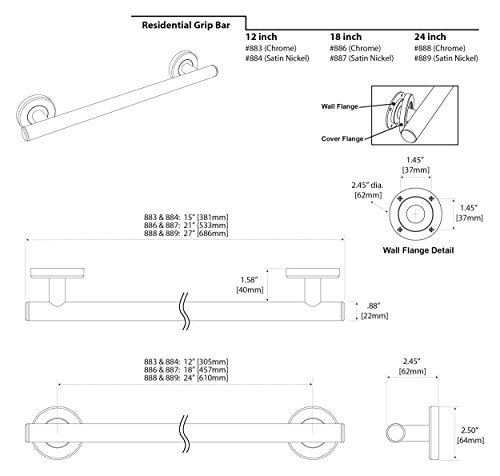 Gatco 887 Latitude II 18-Inch Bathroom & Shower Safety Grab Bar, Wall Mounted Stainless Steel, Satin Nickel