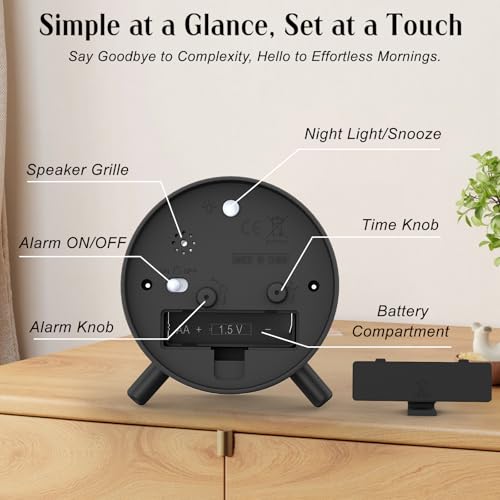 Analog Alarm Clock with Night Light - Silent & Battery Operated