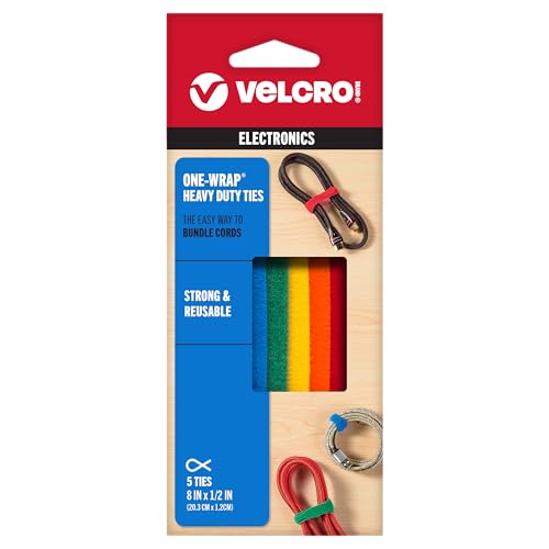 VELCRO ONE-WRAP Cable Ties - 8" x 1/2" Multi-Color, 5 Pack