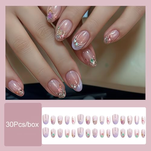 Light Purple Short Oval Press on Nails French Tip with Glitter Diamonds