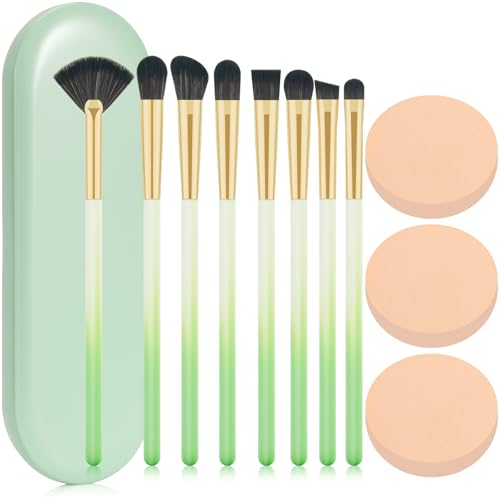 NBPF Eye Makeup Brush Set 8 Pcs Synthetic with Puffs and Green Case