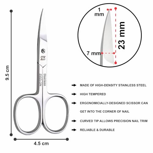 ZIZZLON Curved Micro Serrated Stainless Steel Nail and Eyebrow Scissors