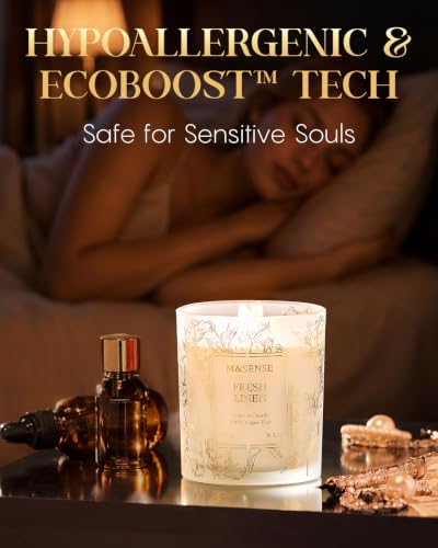 M&SENSE Fresh Linen Soy Candle, 8.1oz Gilded Glass Jar, Hypoallergenic