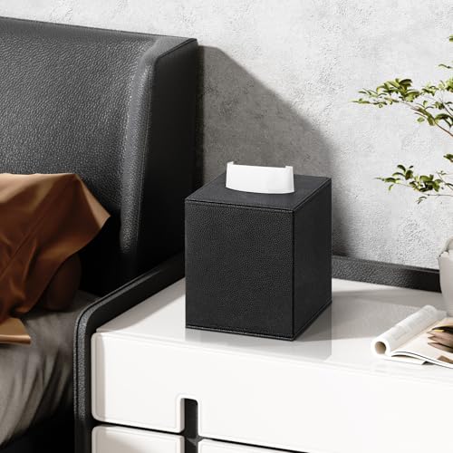Black PU Leather Square Tissue Box Cover - Figella