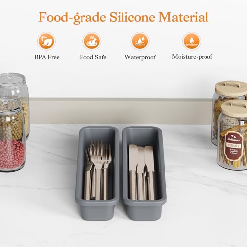 2 Pack Silicone Utensil Drawer Organizer - Anti-Slip Flatware Tray
