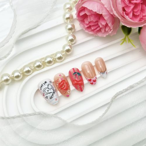 Valentines Press on Nails Short Almond French Tip Fake Nails 30pcs