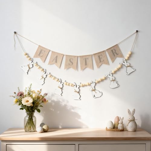 Easter Bunny Wooden Bead Garland - 6.56ft Rustic Banner for Home Decor