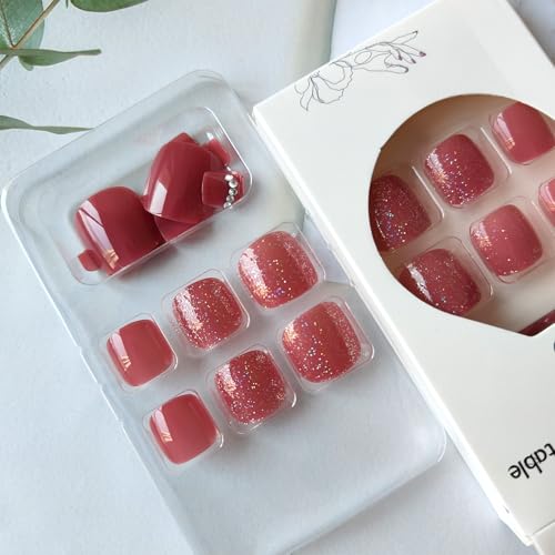 Wine Red Press on Toenails Glossy Square Fake Toe Nails with Rhinestones
