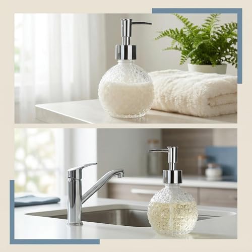 OHEETU 220ml Clear Glass Soap Dispenser with Rust-Resistant Silver Pump