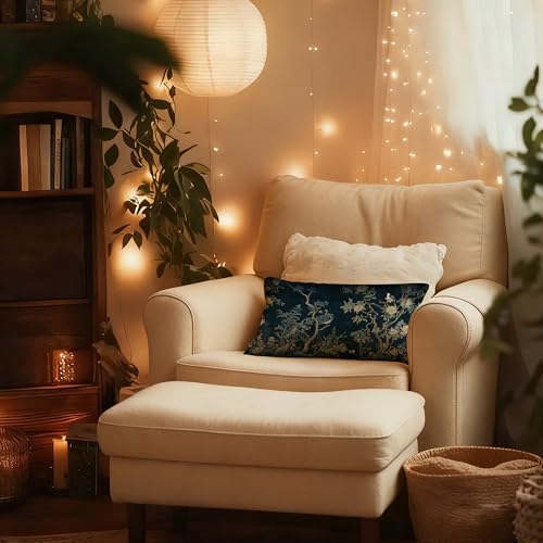 Navy Blue Chinoiserie Floral Bird Flannel Pillow Cover, 12x20 Inch