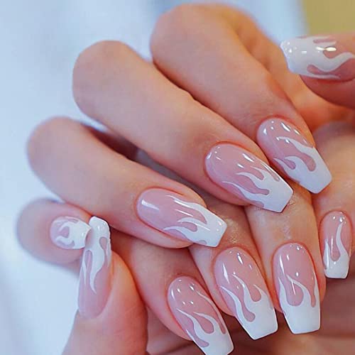 Yivaiks White Flame Press On Nails Medium Length Acrylic Fake Nails Kit