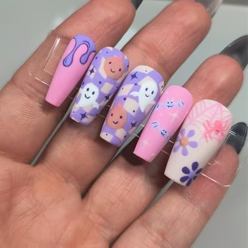Ghost Press on Nails Long Coffin Glossy Pink Halloween False Nails 24Pcs