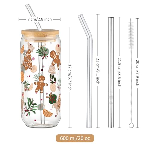 Joeyan Christmas Glass Cups with Lids & Straws - Gingerbread Man Tumbler, 20oz, Style 13