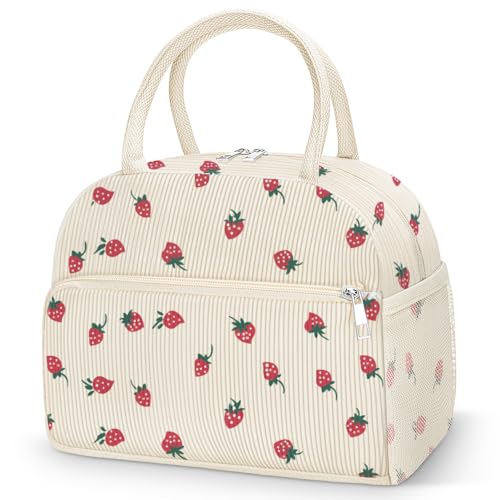Coobiiya Corduroy Insulated Lunch Bag - Large Capacity Tote, Strawberry