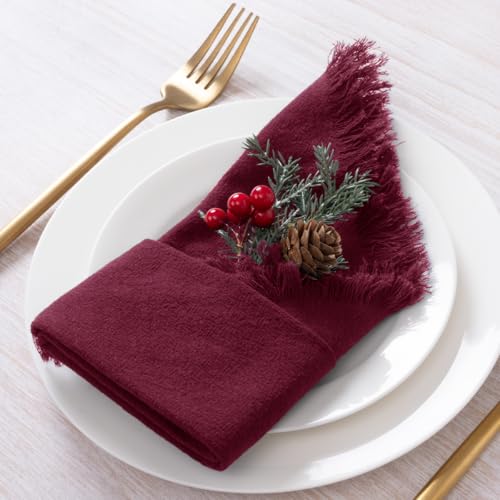 Burgundy Cotton Linen Reusable Christmas Cloth Napkins Set of 12 - 17x17 Inches