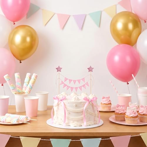 11-Piece Pink Bow Cake Toppers Set with Happy Birthday Flag