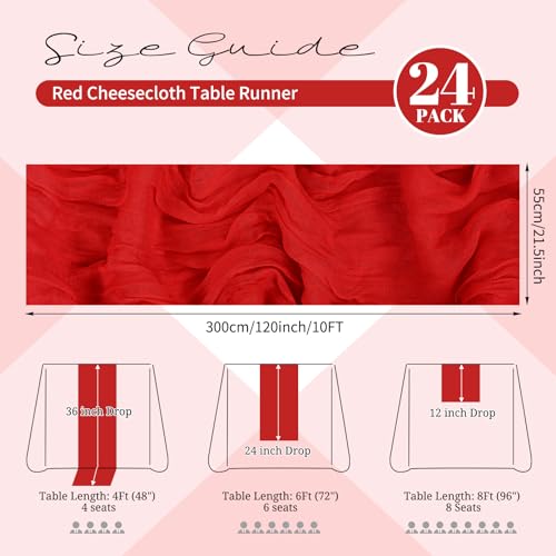 Red Table Runner 20x120 Inch Cheesecloth Set of 24 - Elegant Wedding & Party Decor