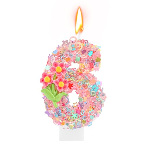 Floral Number 6 Birthday Candle - Pink Flower Cake Topper