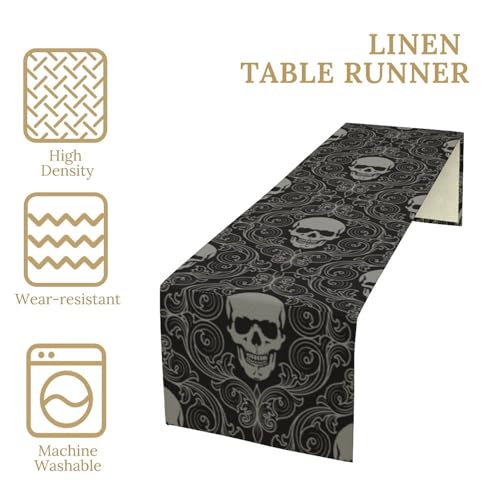 W13X L60 Gothic Skull Table Runner Black Halloween Damask Geometric