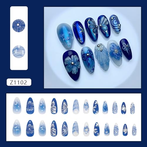 Blue French Tip Press On Nails Medium Almond Fake Nails with 3D Flowers