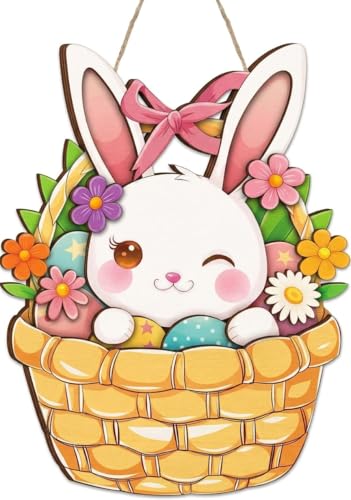 Easter Bunny Door Sign - Wooden Basket Wreath with Flowers & Eggs