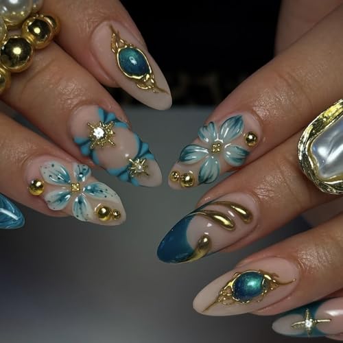 BUNLVDI Blue French Tip Press on Nails Medium Almond Flower False Nails 24Pcs