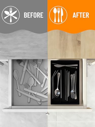 Adjustable Black Silverware Drawer Organizer - Expandable Utensil Tray