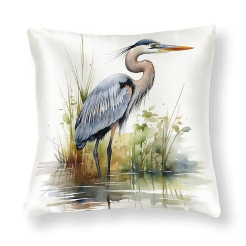 Watercolor Great Blue Heron Satin Throw Pillow Cover 18x18