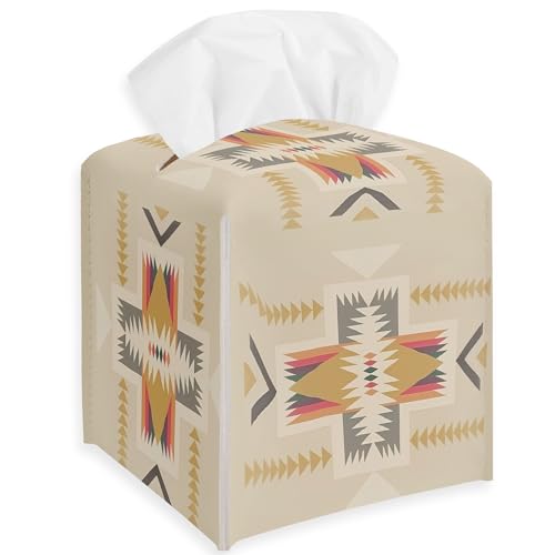 TNVDFNBR Aztec Ethnic Leather Tissue Box Cover - Square Facial Paper Organizer for Bathroom & Kitchen
