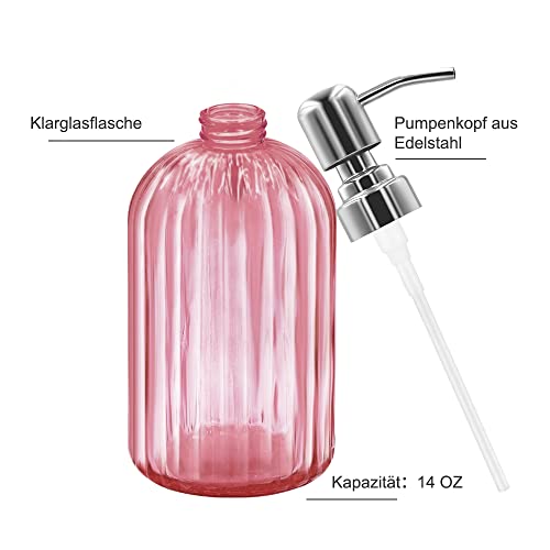 Pink Glass Soap Dispenser with Stainless Steel Pump - 14 Oz