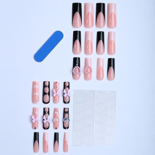 Long Square Press on Nails Black and White French 3D Bow Pearl False Nails