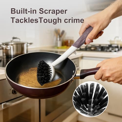 Dish Brush Set - 2 Pack with Ergonomic Handle & Built-In Scraper