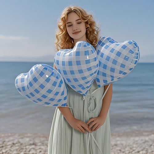 10 Pcs 18-Inch Blue Checked Heart Balloons - Pastel Gingham Foil Party Decor
