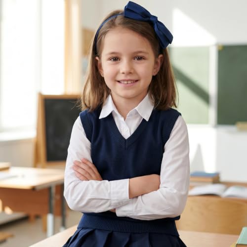 Navy Blue Bow Headband and Hair Clips Set for School Uniforms