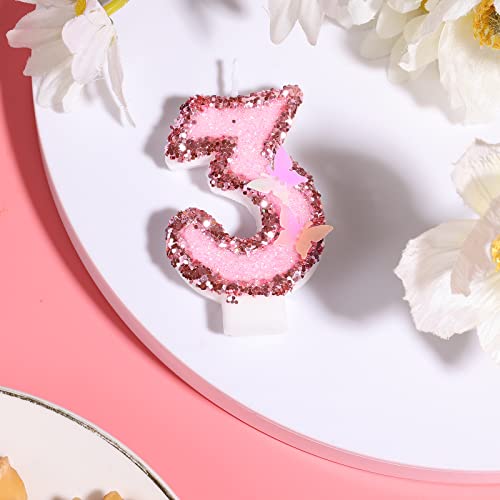 Pink Glitter Number 3 Candle - 2.95 Inch Birthday Cake Topper