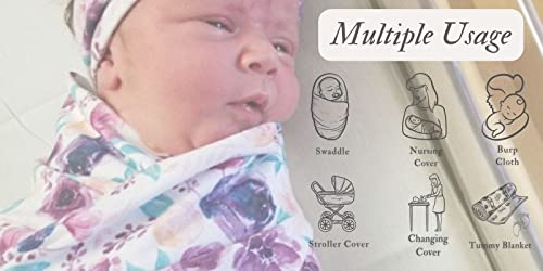 Terriboo Newborn Baby Swaddle Blanket Set with Headband, Purple Floral