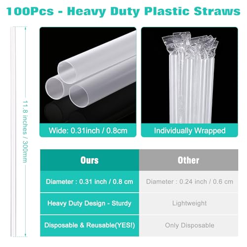 Heavy Duty Disposable Straws - 100 Pack, 12" Long Plastic Straws for Stanley Cup