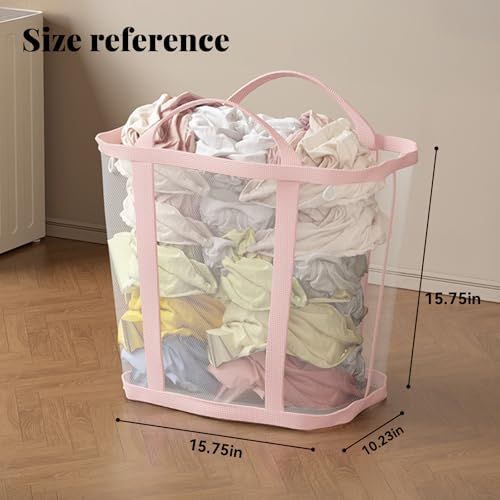Pink Collapsible Laundry Caddy 11 Gallon Mesh Tote Foldable Clothes Storage Basket