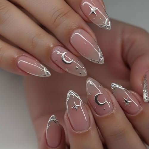 Almond Press On Nails Silver French Tip with 3D Star Designs Reusable
