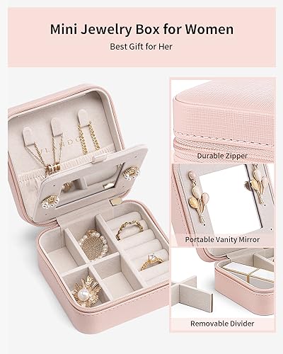VLANDO Travel Jewelry Box Organizer - Compact Pink Case with Mirror