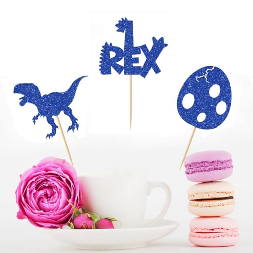 Dinosaur Cupcake Toppers - 24 PCS Glitter Blue T-Rex Decorations