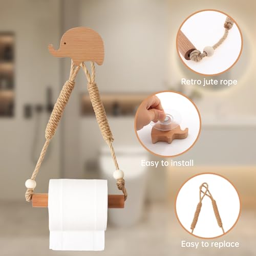 Rustic Elephant Shape Toilet Paper Holder - 6.3 x 11.8 Inch, Wood & Rope