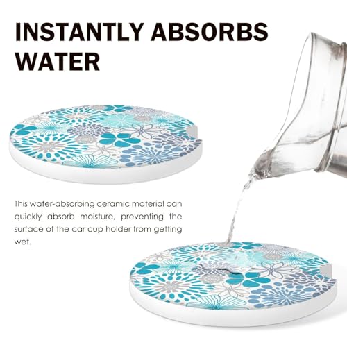 Absorbent Blue Floral Car Coasters Set of 2 - Non-Slip Cork Base