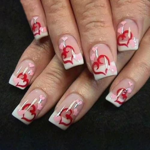 Valentine's Short Square French Press On Nails with Red Heart Glossy Design