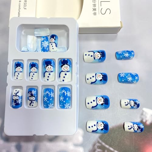 Christmas Press On Nails Medium Square Snowflake Snowman Design
