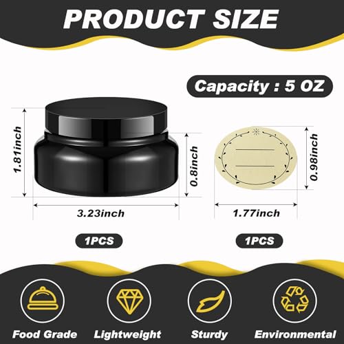 Black Plastic Cosmetic Jars with Lids and Labels 5 oz Refillable Containers