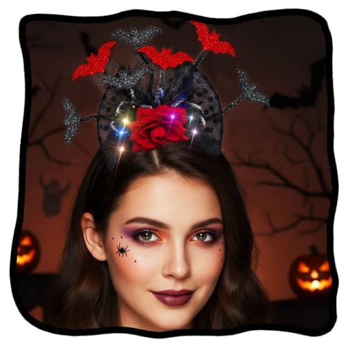 Woeoe Gothic Halloween Flower Headband with Red Roses and Bats