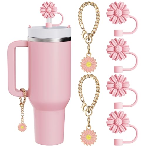 Flower Straw Toppers for Stanley Cup - 6 Set with Charms
