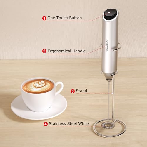 Bonsenkitchen Compact Silver Milk Frother with Stand - Battery Operated